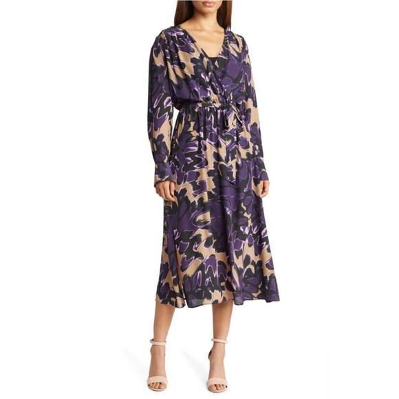 Boss Floral Tied-Waist Demaia Wrap Midi Dress Long Sleeve V Neck Size 4 NWOT - Picture 2 of 12